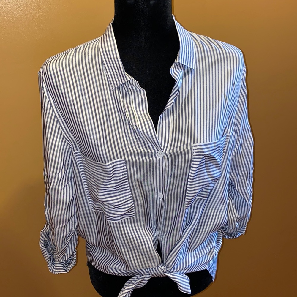 Blue and white stripe button up top
